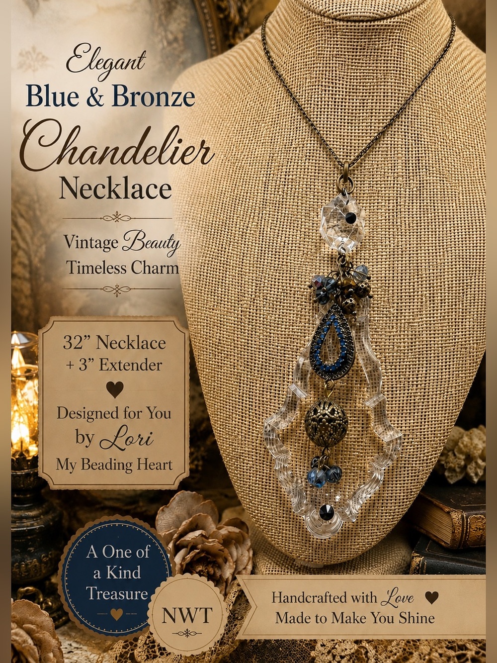 Elegant Blue and Bronze Chandelier Vintage Necklace NWT